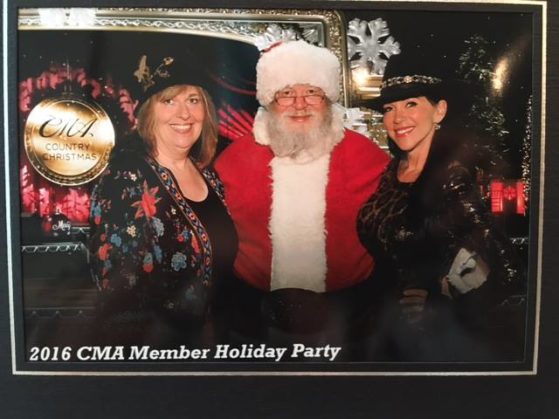 Enjoying the CMA Christmas party in Nashville with dear friend Debbie Cox Zavitson, VP Publishing Operations/COO M-PACT Music Group, and Santa Claus.